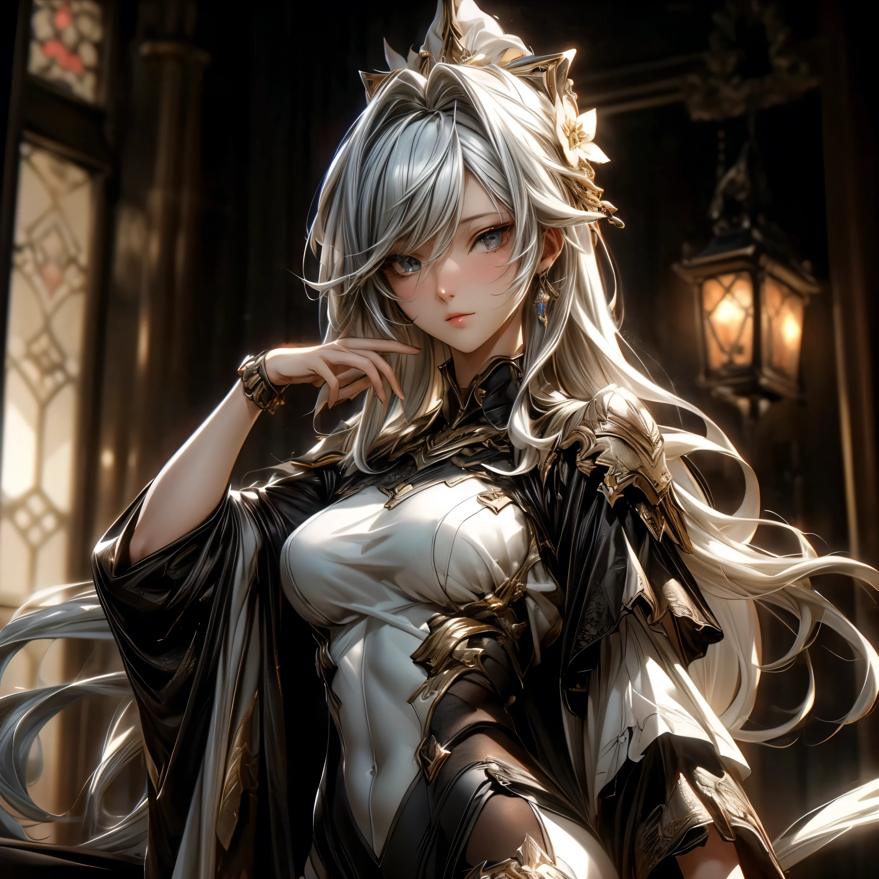 (best quality)), ((Masterpiece)), (details:1.4), 3d, HDR (high dynamic range), an image of a beautiful cyberpunk female, fantasy, Cyberpunk, Medieval, Black hair, Long hair, Full body, Beautiful white eyes, จมูกโด่ง, ปากแดง, หน้าอกใหญ่, nvidia RTX, PBR surface, After processing, Anisotropic filtration,depth of field, Maximum clarity and clarity, multi-layered surface, Subsurface scattering, perfect proportions, 8K raw files, ultra detailed, Perfect proportions, volumetric lighting, soft lighting, Holy Knight, Heavy Silver Armor, Golden dress, glossy skin, intricate silver embroidery, Throne background, jewely, ต่างหู, นิ้วมือสมบูรณ์,