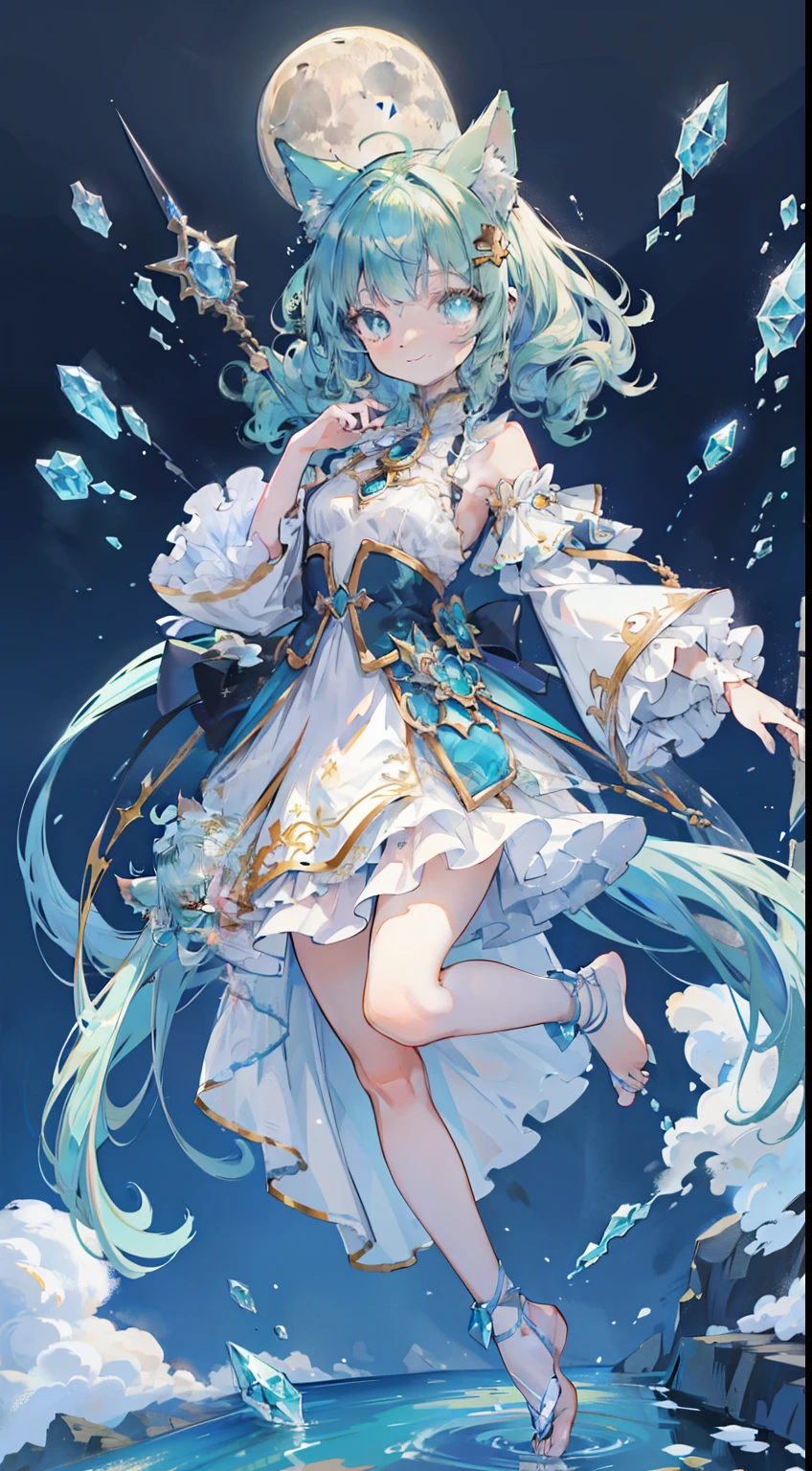 ((Tabletop, Highest quality:1.1))、8k、(Full body standing pose)、Beautiful girl with green hair,curly,Disheveled Hair,Cat ears, White Dress,A deep blue gemstone is set in the chest........,barefoot,Put a blue ring on your ankle,(Holds blue gemstone wand perfectly),Behind him is a shooting star in the night sky々is spreading,The moon is in the sky、With a smile