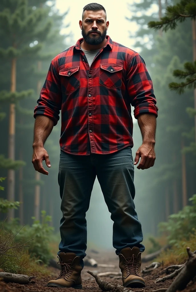 Tall Lumberjack Man, young checked shirt short beard, super short hair