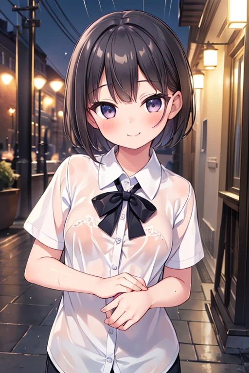 (8k, Highest quality, masterpiece: 1.2), (Realistic, photoRealistic: 1.37), Very detailed, 1 girl, , alone, small breasts, Beautifully detailed skies, Detailed Cafe, night, (blush), (smile: 1.15), (Mouth closed), small, (Collared shirt: 1.1), night, Wet, Office Clothes, rain, White lace, (short hair: 1.2), Floating Hair NovaFrogStyle, Random sexy poses,