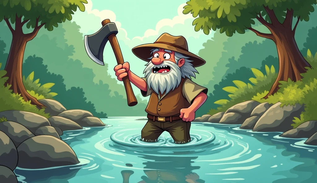 Poor old boy woodcutter man axe in River water cartoon 