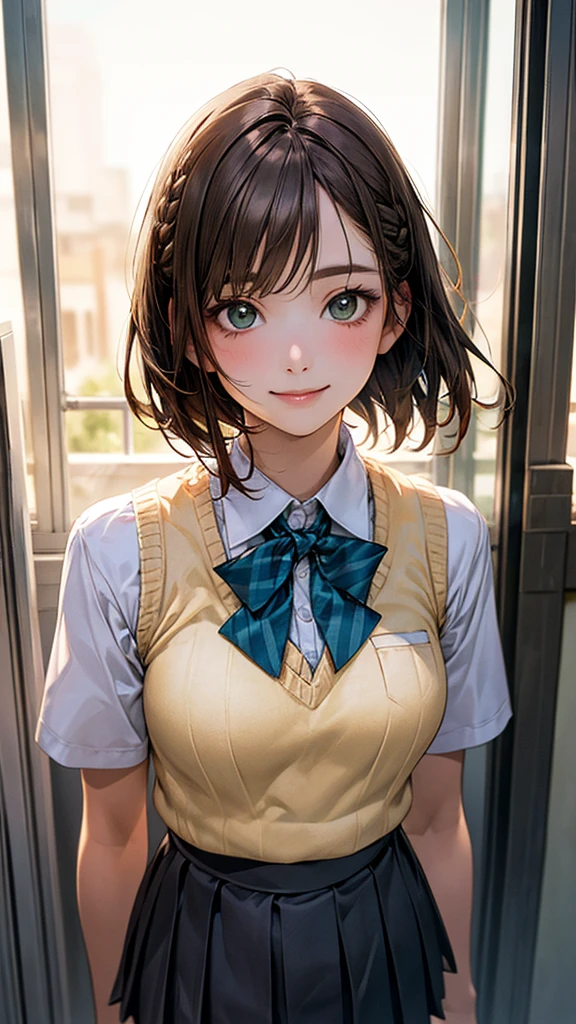 (masterpiece:1.2, Highest quality), (Realistic, photoRealistic:1.4), Beautiful illustrations, (Natural Side Lighting, Cinema Lighting),
View your viewers, Upper Body, 1 girl, Japanese, high school girl, , Perfect Face, Cute and symmetrical face, Glowing Skin,
(short hair, Braiding, Light brown hair), bangs, Emerald Green Eyes, Big eyes, Long eyelashes, (Medium chest),
Beautiful Hair, Beautiful Face, Beautiful attention to detail, Beautiful clavicle, Beautiful body, Beautiful breasts, Beautiful thighs, Beautiful feet, Beautiful fingers,
((White collared shirt, Light blue bow tie, Dark grey pleated mini skirt, Yellow knitted vest)),
(Beautiful views), evening, (School corridor), walk, ((Grab your chest)), (In the heat, Excited, Captivating smile),