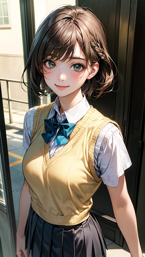 (masterpiece:1.2, Highest quality), (Realistic, photoRealistic:1.4), Beautiful illustrations, (Natural Side Lighting, Cinema Lighting),
View your viewers, Upper Body, 1 girl, Japanese, high school girl, , Perfect Face, Cute and symmetrical face, Glowing Skin,
(short hair, Braiding, Light brown hair), bangs, Emerald Green Eyes, Big eyes, Long eyelashes, (Medium chest),
Beautiful Hair, Beautiful Face, Beautiful attention to detail, Beautiful clavicle, Beautiful body, Beautiful breasts, Beautiful thighs, Beautiful feet, Beautiful fingers,
((White collared shirt, Light blue bow tie, Dark grey pleated mini skirt, Yellow knitted vest)),
(Beautiful views), evening, (School corridor), walk, ((Grab your chest)), (In the heat, Excited, Captivating smile),