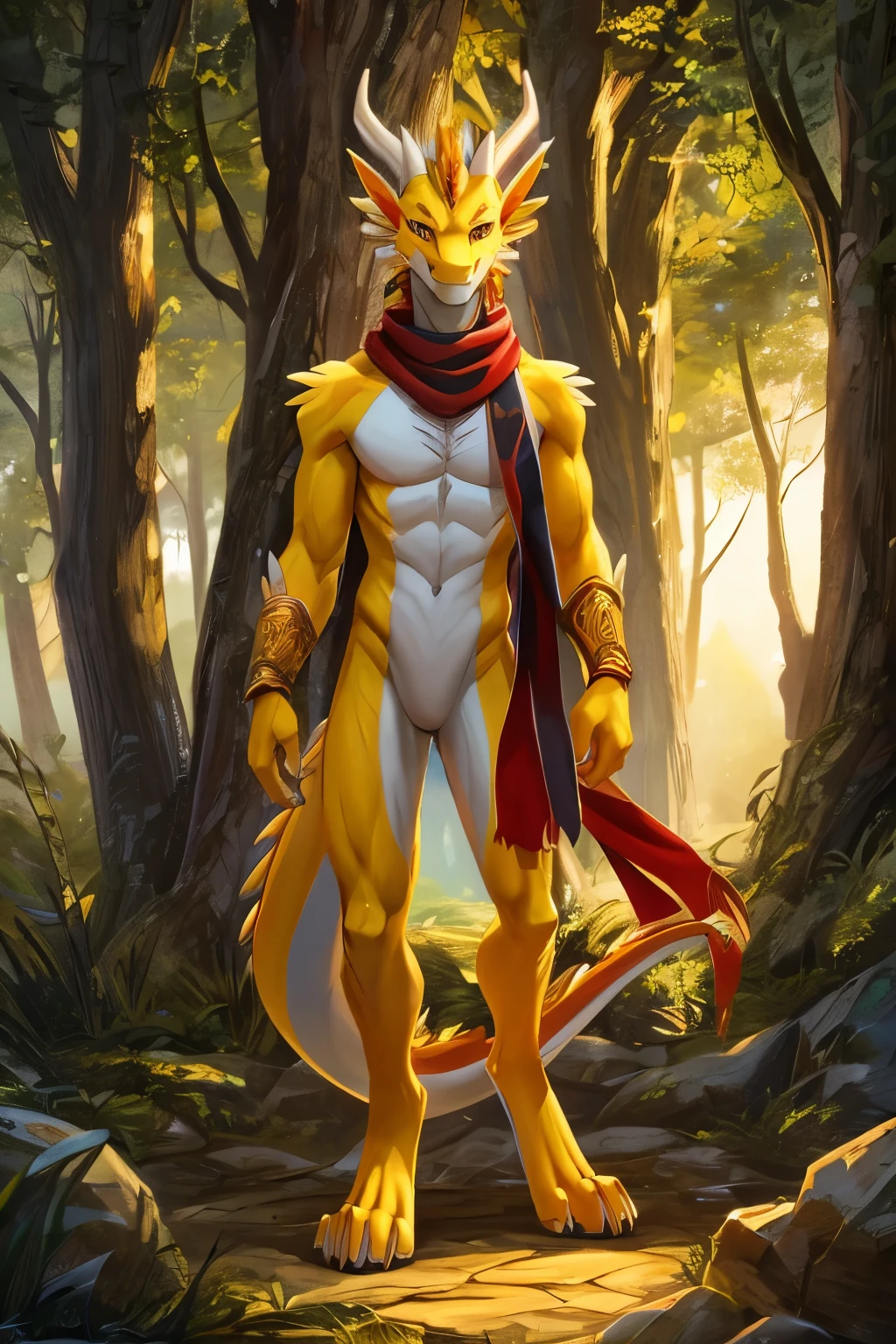 (anime), (front facing), (looking at the camera), slim furry white thunder dragon using thunder magic, yellow secondary body color, (yellow, orange, red and black undertones), smooth skin, very long muzzle, neck and tail fur, digitigrade, creative horns, feathers, (wearing only a scarf), nature background, full body