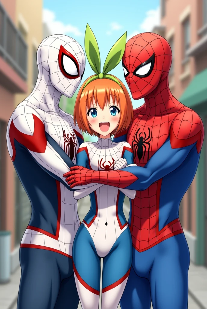 Yotsuba nakano short orange hair, green ribbon on the head in the shape of a rabbit,blue eyes, at 2, full body, more adult and wearing a spiderman suit and a 2 brown-haired adult, brown eyes with white spiderman spider suit and kissing