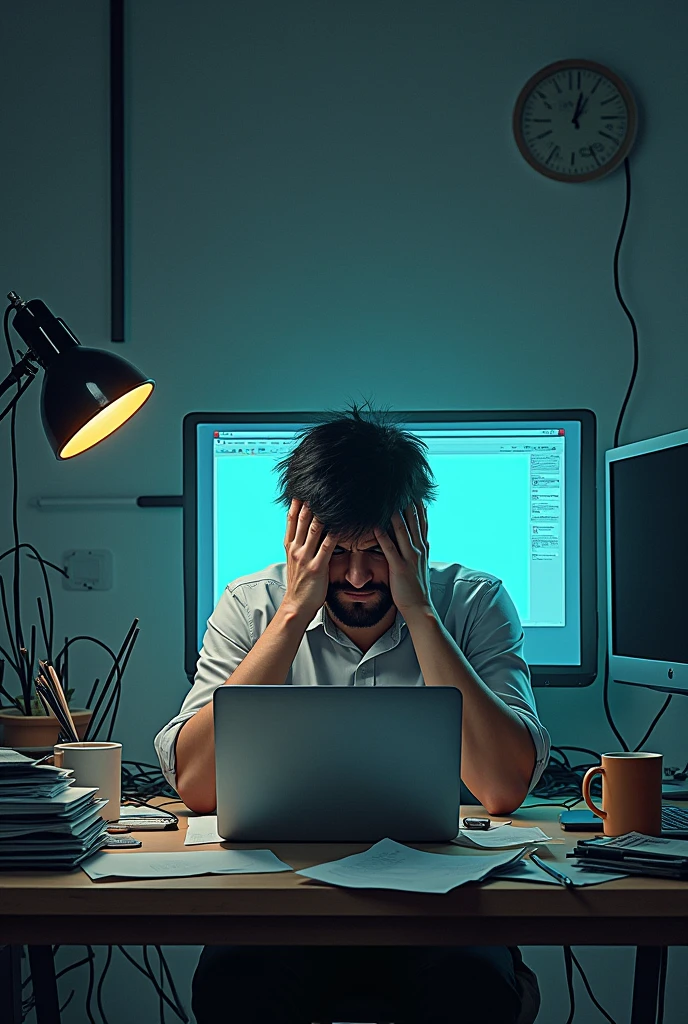 A person sitting at a desk, surrounded by multiple electronic devices. Their face is obscured by a screen, and they look stressed and overwhelmed.