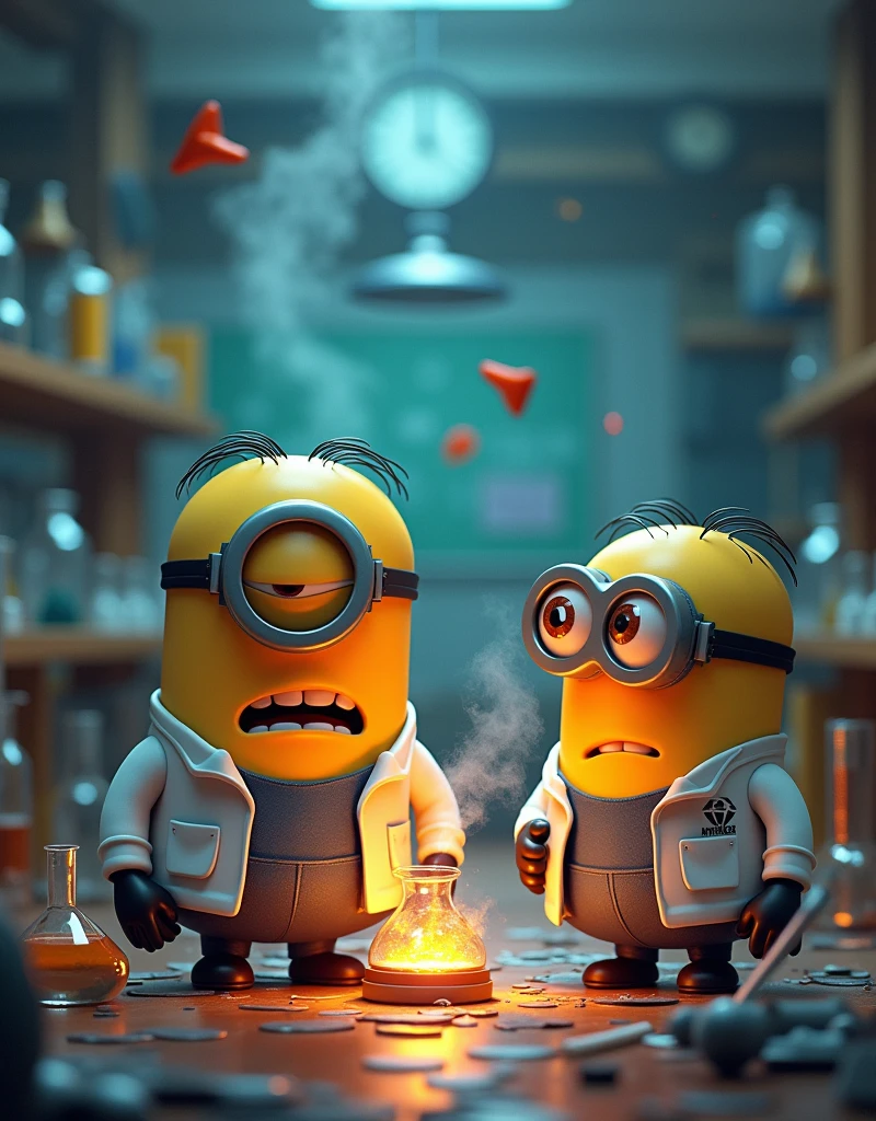 Laboratory in chaos, Minion Bob in a scientist suit holding a smoking experimental device flashing failed exploding Minion struart one eyed scientist suit looking at Bob with a confused expression Minion 