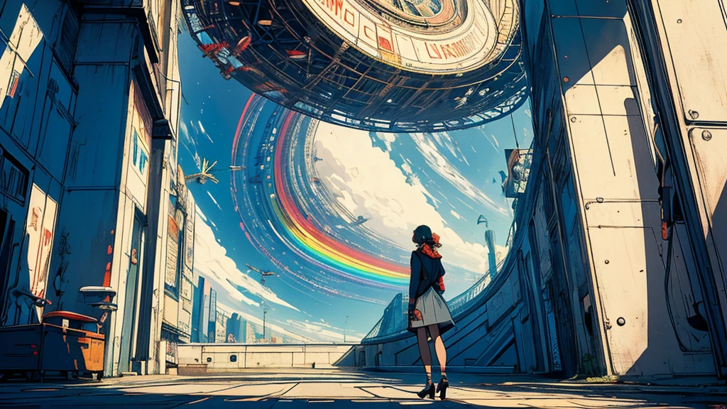 (masterpiece, highest quality), 32k,(A very detailed beautiful woman), poster,science fiction,1960s,1970's,bauhaus, shape, OK, abstract, propaganda,movie poster, vintage,retro,Futuristic,anime,(ultimate map),(Perfect rainbow),highlight,angle from below,