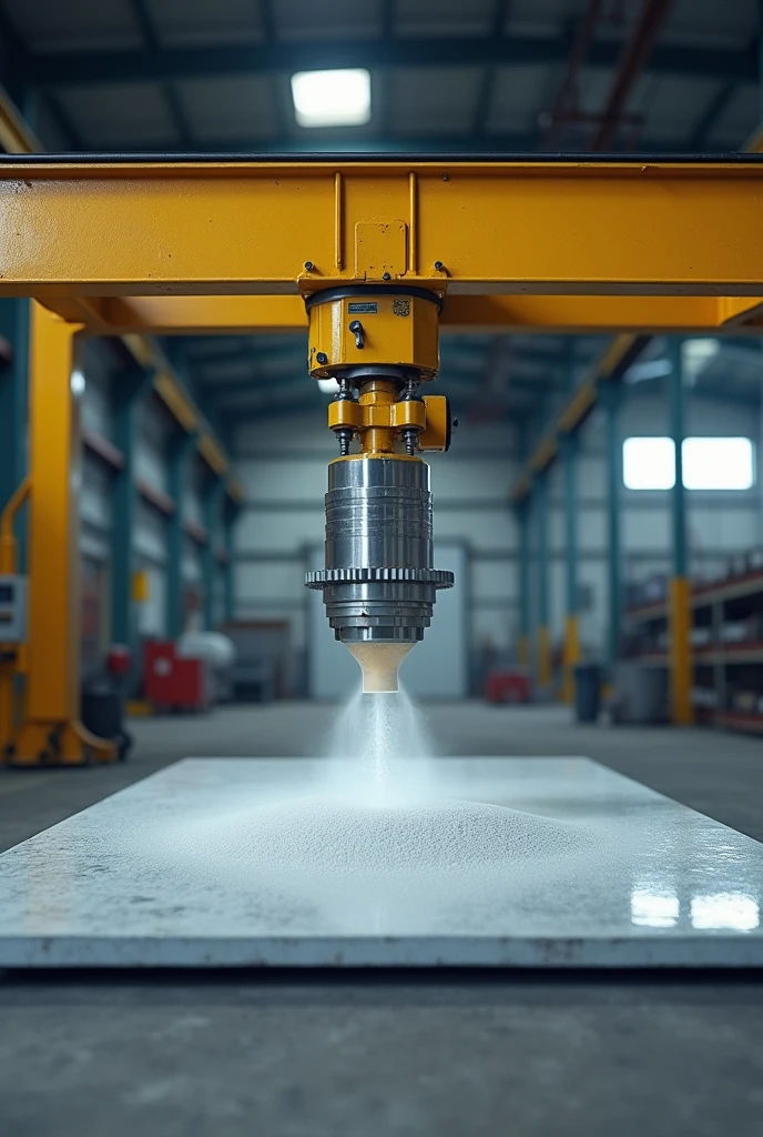 sandblasting using a overhead crane the crane must have two vertical arms, it is fix with horizontal arm which parallel to the plate and the nozzle fix with that horizontal arm, the sandblasting nozzle fix to the overheadcrane, the plate parrellel to the ground and nozzle perpendicular to the plate