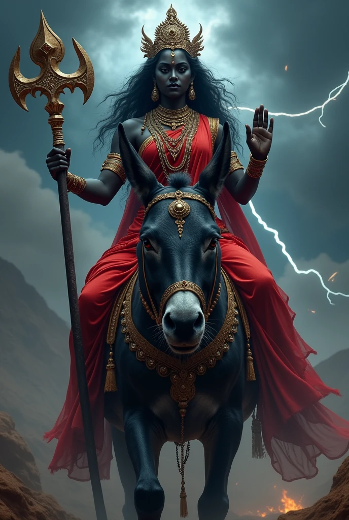 Prompt: "Create an ultra-realistic image of the and beautiful Goddess Kalaratri, depicted in a striking red saree with a matching blouse. The saree should be vibrant and richly detailed, contrasting with her dark black complexion, which symbolizes the night and her fearsome power. Her face should be both fierce andvating, with large, intense eyes that radiate strength and determination. Despite her fearsome appearance, there should be an underlying sense of divine beauty and grace.
Goddess Kalaratri should be depicted with two hands. Her right hand is in a blessing posture, offering protection and fearlessness to her devotees. In her left hand, she holds a majestic, deadly iron hook, symbolizing her power to destroy evil and ignorance.
She should be mounted on an extremely large and powerful donkey, symbolizing her unyielding force and ability to vanquish darkness. The donkey should be depicted with a strong, muscular build, exuding both power and determination, perfectly complementing the goddess's fierce presence.background should be a dark, stormy landscape, with flashes of lightning illuminating the scene, reflecting her association with destrion and her role as a protector against evil forces. The overall image should capture the essence of Goddess Kalaratri’s ferocity, strength, and protective nature, presented in a highly realistic and detailed manner, with her red saree and deadly weapon emphasizing her divine power."