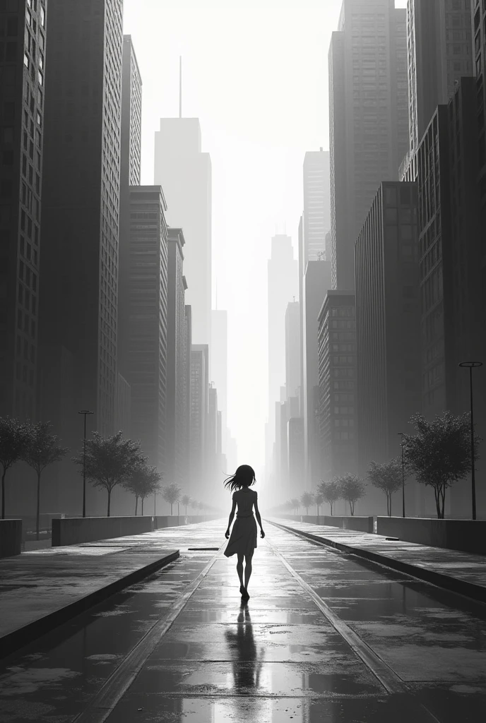 An anime girl with a cityscape that the girl is walking in black and white with no people around
