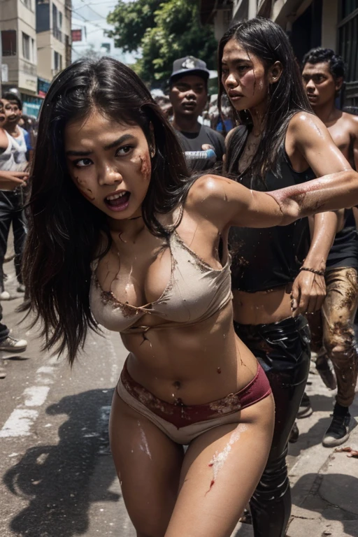 A riot peoples revolution in Indonesian, a young sweet beautiful Indonesian georgeus girl, twenty two years old, slim body, glamor and rich girl, crying out being pulled and forced to draging down brutaly by some adult men to the street court, she is tied, very messy hairs, ssome makeup still remain on her pretty face, he got many punishment by the peoples, only wearing her damage and dirty underwear after her clothes has torn aparts and destroyed, some bloody wounds on her skins, scary and panic eyes, sadistcs and horrible situation, realistics, detail and natural, she is crying for mercy, fire and dead body scattered everywhere, massacre,