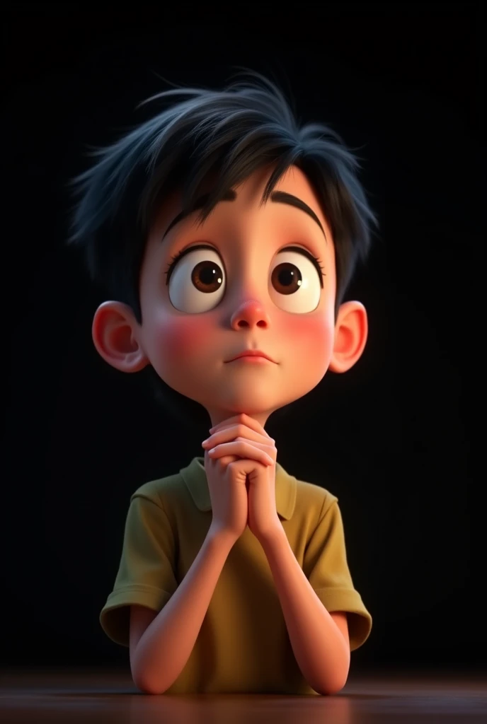 A animated character of a boy with black background folding his hands and looking upwards