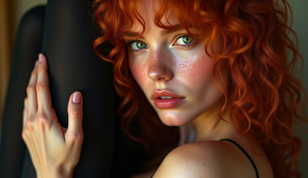 "ultra-realistic, full body, ultra curly red hair, green eyes, detailed facial features, vibrant colors, high-resolution masterpiece, professional lighting, close-up on a perfect ass, doggy style position, realistic texture, polished tanned white skin, sensual pose, captivating expression, freckled face, holds-up black stockings, big boobies"