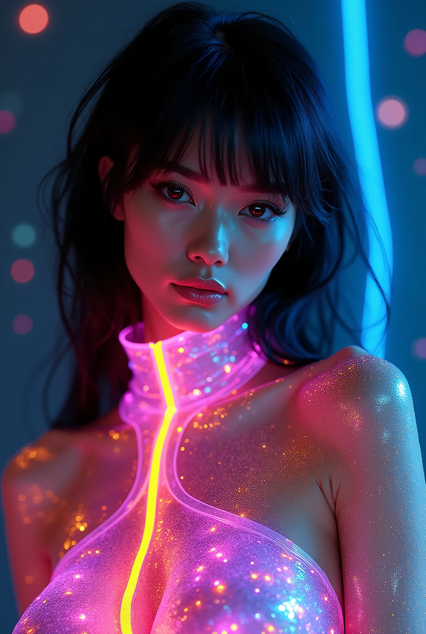 A beautiful woman，Black hair，穿着Neon lights服装，Background is black, Characters are designed in a variety of poses, Full set of clothing, Anodized Titanium, Ammolite, smooth, holographic, Rainbow, Light Particles, Rainbow Marble, Neon Colors, Electric Color, Lisa Frank, 32K, full-body shot, Ultra wide angle, rainbow core, Synthwave, 3d, Movie, Cyberpsychedelic, Surrealism, Surrealism, Unreal Engine, flash, Gold Leaf Art, HDR, Very detailed, complex, Black Light, Bokeh, fluorescent lamp, Neon lights, vibrant Full set of clothing