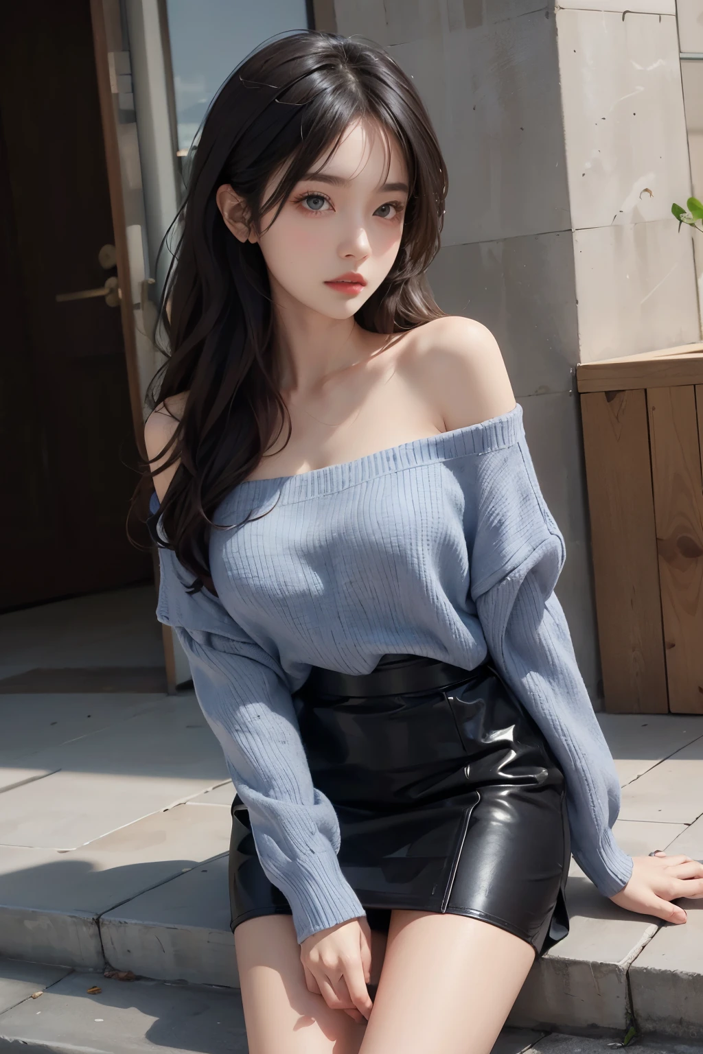 1girl, long black hair, blue eyes, wearing white off-shoulder sweater, satin black pencil skirt, perfectly structured, Digital illustration, style of anime, The content is very detailed, The image is clear and sharp, (Exquisite, sublimation:1.2), Indescribably beautiful, city, absurdres, high resolution, ultrasharp, 8K, masterpiece, looking at viewer