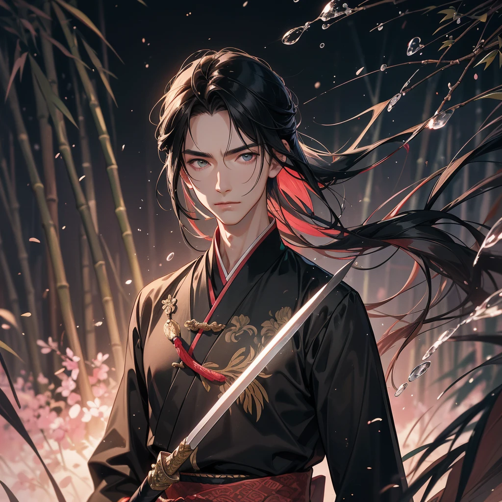 A Handsome black-haired male general holding a large sword in black-pink ancient Chinese general costume, the back is a lush green bamboo forest. the air after rain has water droplets splashing around, close up.