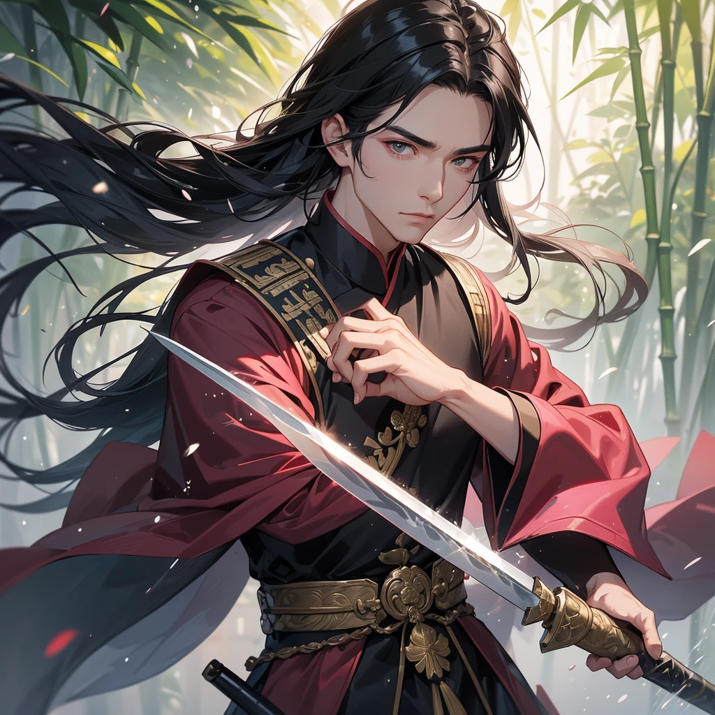 A Handsome black-haired male general holding a large sword in black-pink ancient Chinese general costume, the back is a lush green bamboo forest. the air after rain has water droplets splashing around, close up.