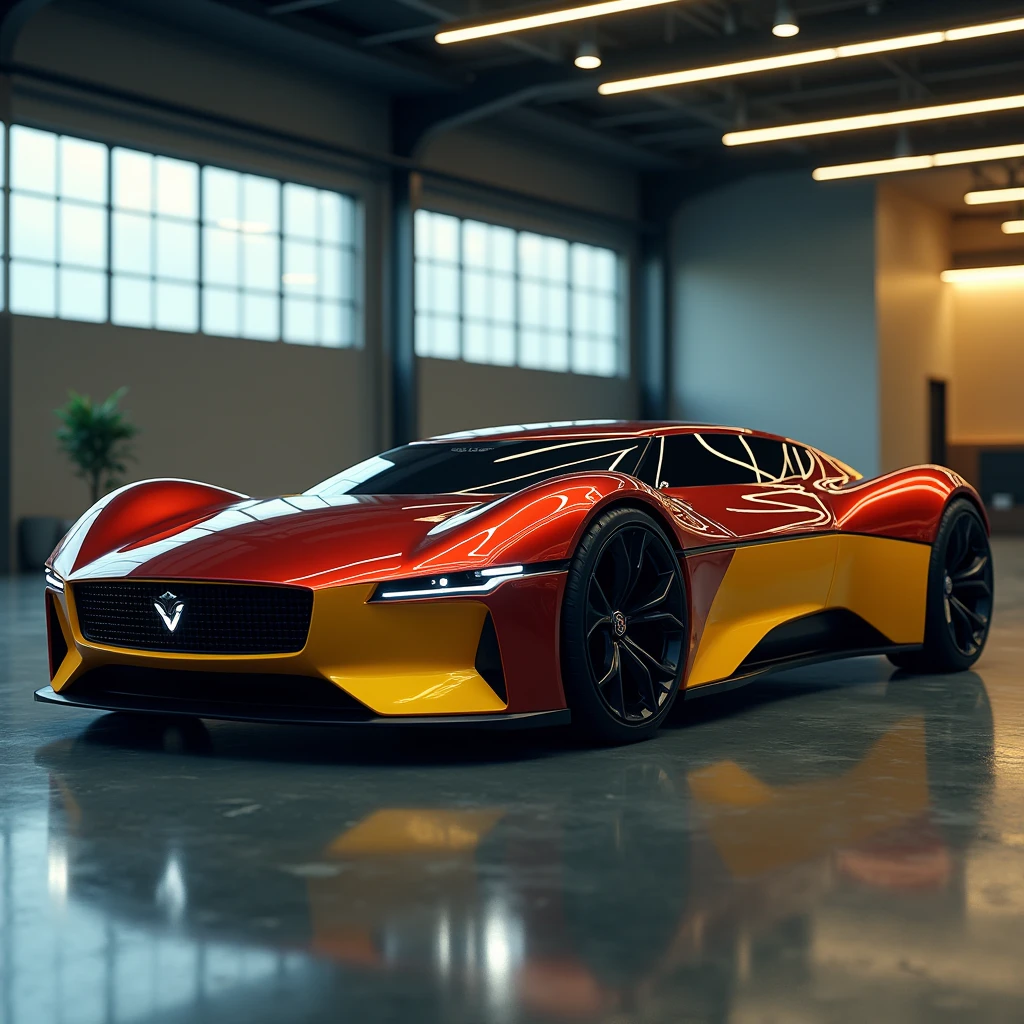 Image haute qualité hd, 16k, création d'un prototype a partir d’une jaguar type E, année 2035,bicolore rouge bordeaux métallisé et jaune, bas de caisse noir matte, vitre légèrement teinte, feu led diurne allumer, grande et large calandre rectangulaire avec haillette, phares led en "cercle" allumés, jantes en "Y" noir, carrosserie angulaire. Entrepot moderne, intérieur,éclairage led, lumières au teinte jaune et bleutée, reflets sur carrosserie, sportive, long capot avant avec une nervure au milieu en partant du nez avant capot. Un "V" en LED sur la calandre, avec des traits d'anciennes voitures des années 1970, ligne de carrosserie ancien,