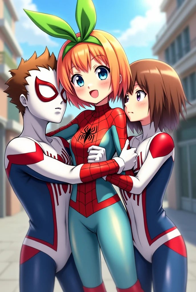 Yotsuba nakano short orange hair, green ribbon on the head in the shape of a rabbit,blue eyes, at 2, full body, more adult and wearing a spiderman suit and a 2 brown-haired adult, brown eyes with white spiderman spider suit and kissing