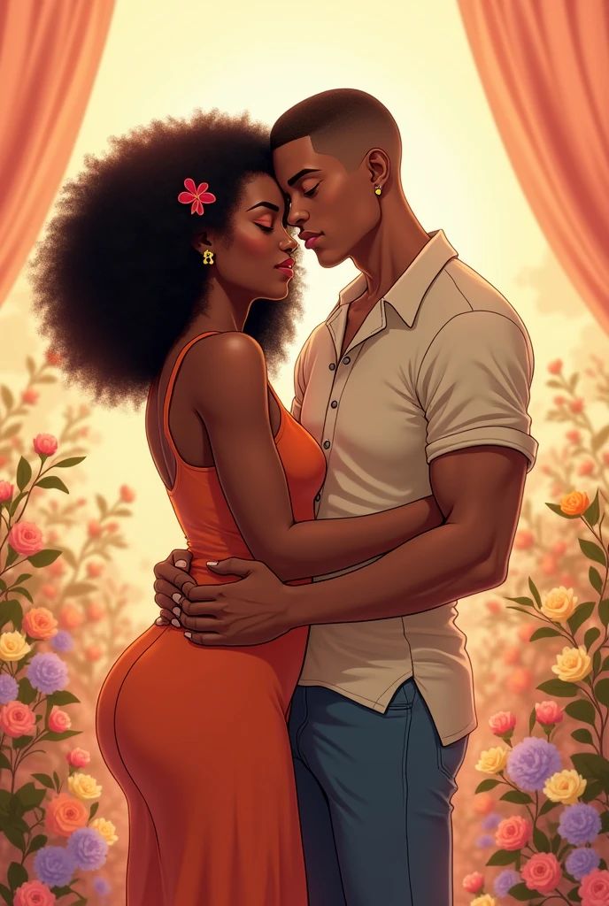 um casal (Maïmouna e Lucca). she is black (darker tone), half Senegalese, half Brazilian of black parents. Teacher and dreamer, coily hair. Beautiful in the eyes of many, but you don't feel this confidence. She is also fat, but how high is it?, has curves. Lucca is the opposite., brazileiro, from parents of Italian descent, Scrawny, white-skinned, short hair (buzz cut), and more street style. He is very sociable and friendly.. You like Maïmouna for who she is. Make it anime style.