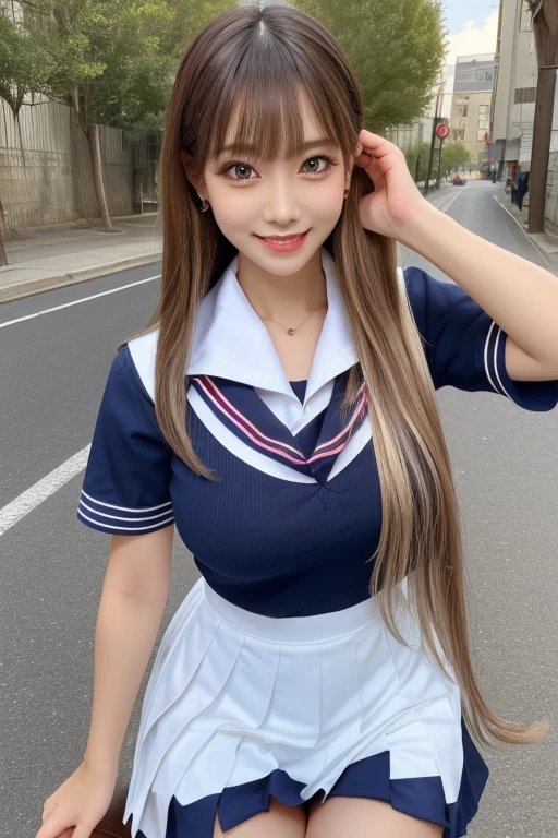 (((Perfect Anatomy, Very detailed肌))), 1 girl, Japanese, high school girl, Glowing Skin, Large Breasts:0.5, avert your eyes, look up, Take in the view, 
Beautiful Hair, Beautiful Face, Beautiful attention to detail, (Long Hair:1.5, Straight hair:1.7), 
Beautiful clavicle, Beautiful body, Beautiful breasts, Beautiful thighs, Beautiful feet, , Mole under the eye, 
((Short sleeve, cute navy sailor suit, Navy Pleated Skirt, Navy sailor collar, Red Sailor Scarf, School boots), school bag, Cross Necklace), Captivating thighs, , 
((smile:1.5, , , Open your mouth)), walk, running, 
(Beautiful views), summer, , street, 
8k, Highest quality, Masterpiece​:1.2, Very detailed), (, Realistic:1.2), Beautiful illustrations, Cinema Lighting,