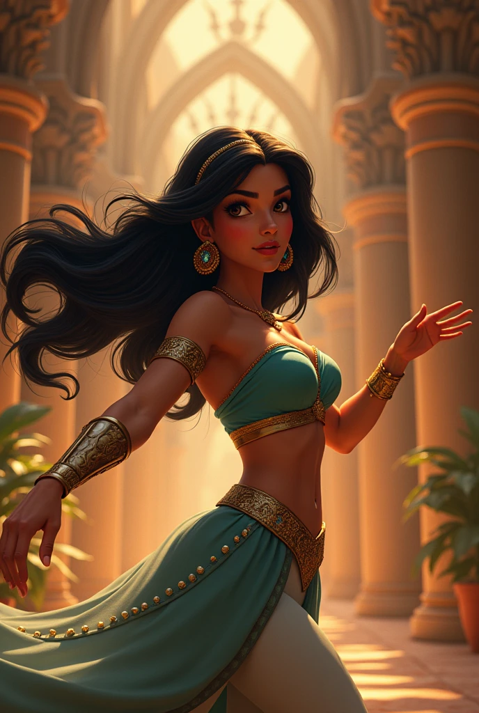 Stunning Princess Jasmine, photo in 8k, in action, cinematic.