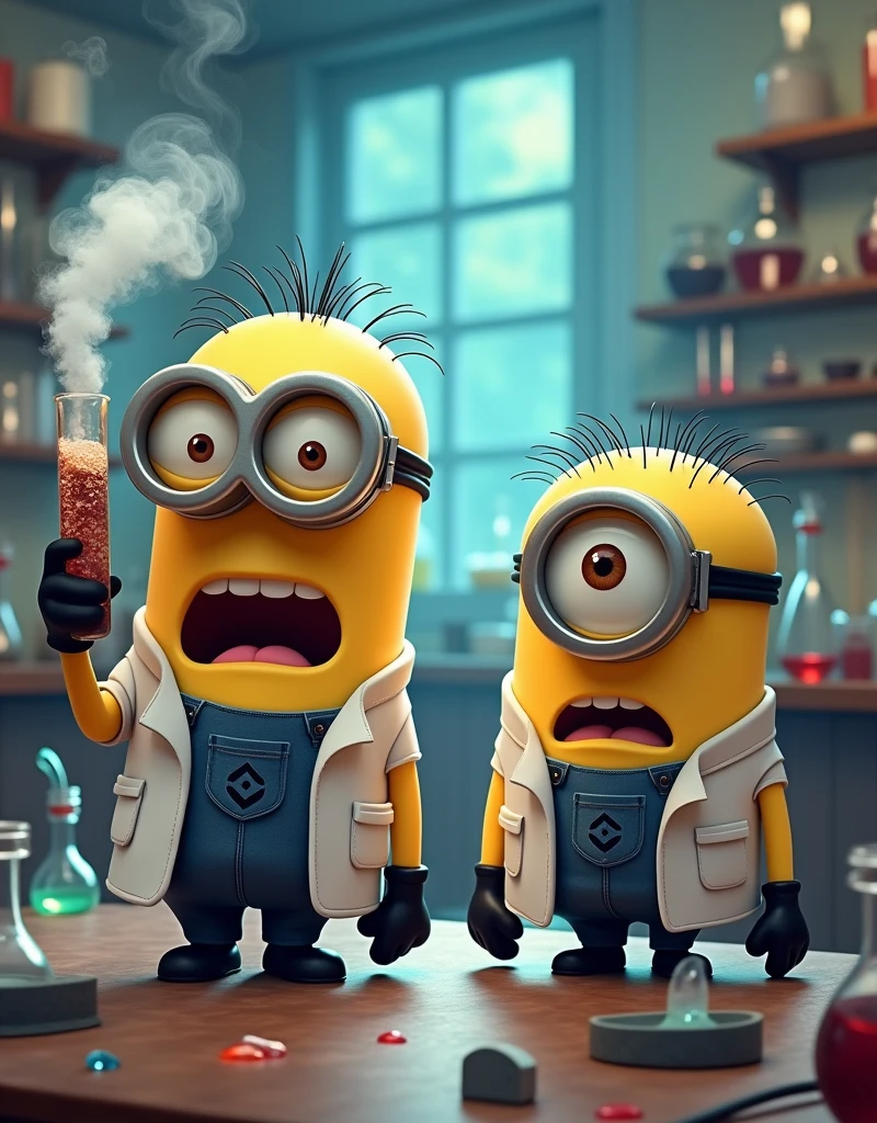 Laboratory in chaos, Minion Bob in a scientist suit holding a smoking experimental device flashing failed exploding Minion struart one eyed scientist suit looking at Bob with a confused expression Minion