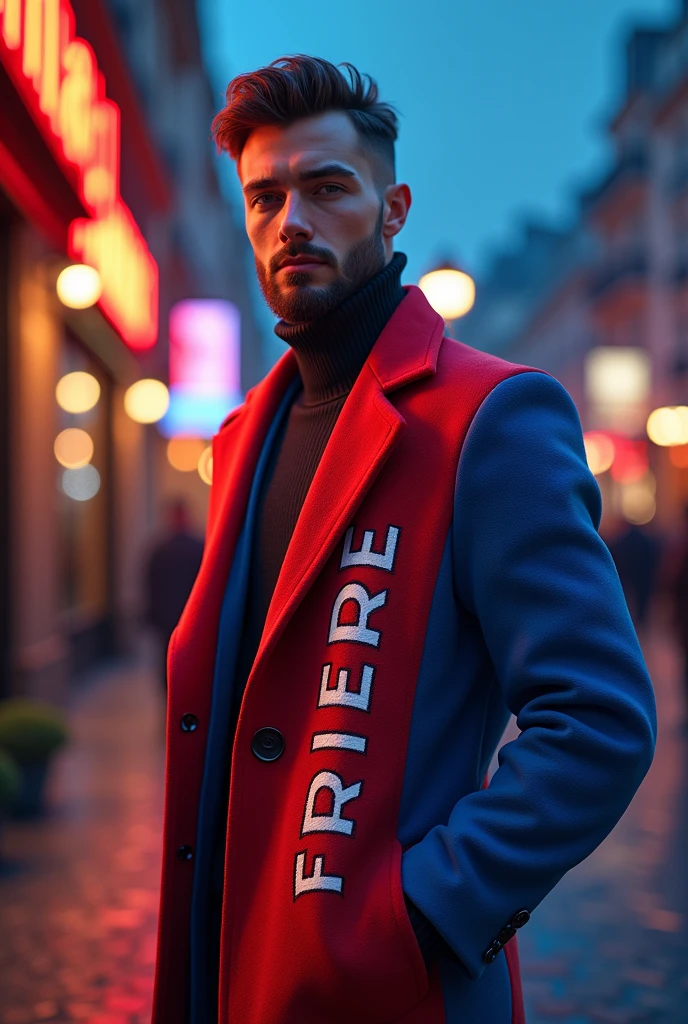 a man3d wear coat red and blue pop up name "fendra"handsome background paris night