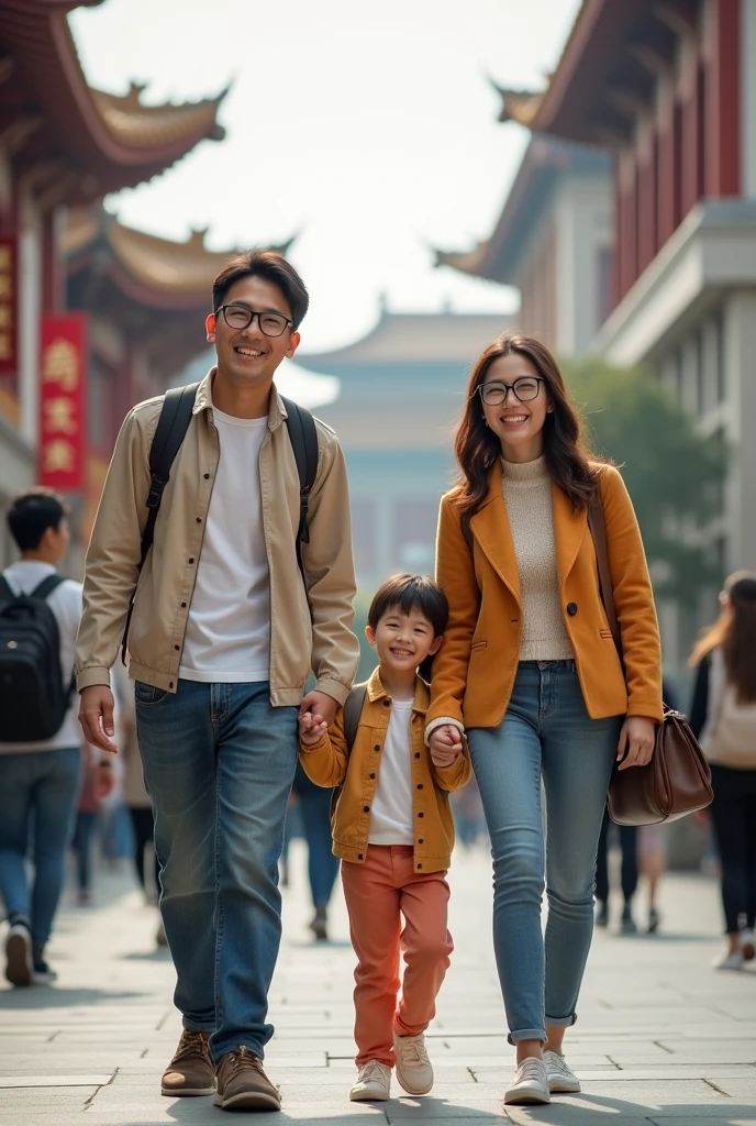 Chinese University Registration，A family of three came to the university，A happy expression on his face