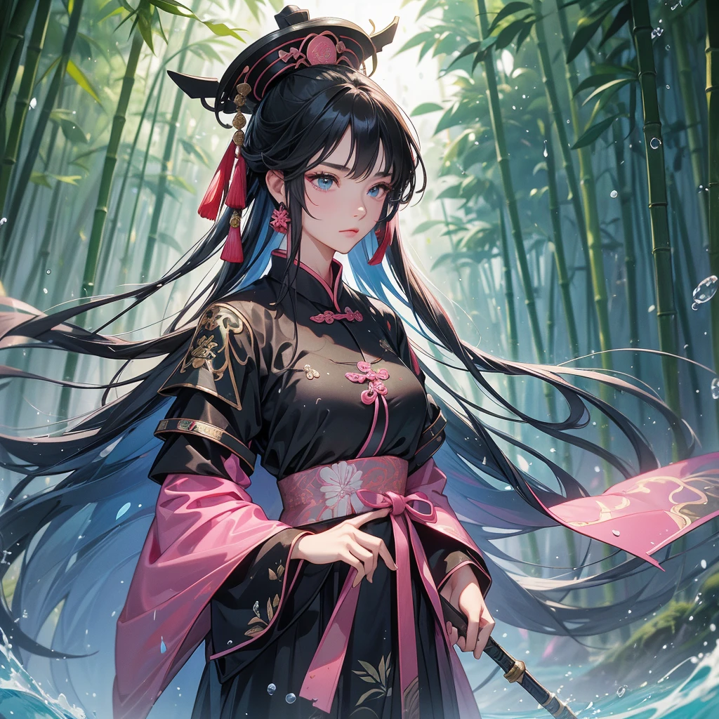 A beautiful female general holding a big spear in black-blue ancient Chinese general costume, the back-pink is a lush green bamboo forest. the air after rain has water droplets splashing around, close up.