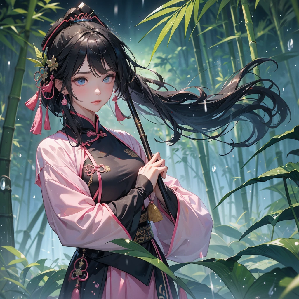 A beautiful female general holding a big spear in black-blue ancient Chinese general costume, the back-pink is a lush green bamboo forest. the air after rain has water droplets splashing around, close up.