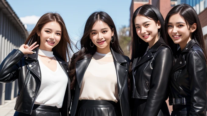 Wide-angle shot, Highest quality,masterpiece,Ultra-high resolution,Black leather jacket、Black Leather Skirt、(((Four beautiful girls with lovely smiles)))、