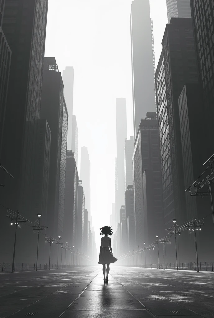 An anime girl with a cityscape that the girl is walking in black and white with no people around