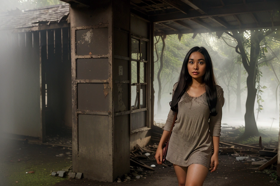"A young woman, Teena, standing in front of the old bungalow. She has long, dark hair, and is dressed in casual clothes, carrying a small suitcase. Her expression is one of uncertainty as she looks at the dilapidated building. The surrounding forest is dark and dense, with the bungalow barely visible through the mist and shadows."