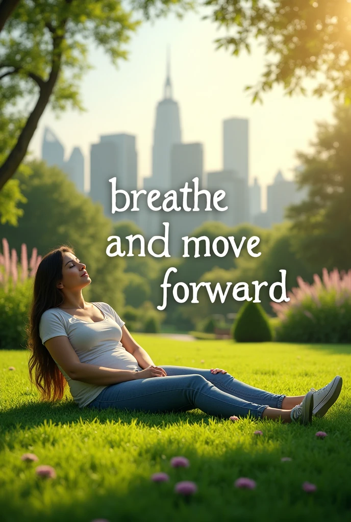 Background of a person relaxing on a lawn and in the image there are texts that say "breathe and move forward" and another in a corner that says "City of Faith Garden", 4 pm¨