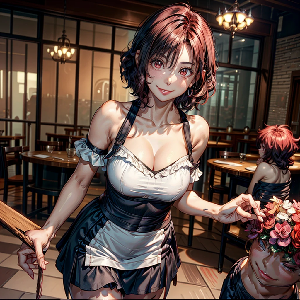 women, short hair color blanco y rizado, Red eyes, short black skirt, (Curly hair), (short hair), light pink off the shoulder blouse, mischievous smile, flirtatious smile, Broad smile, mischievous face, chest a little big, standing, with his back leaning on a table in a cafeteria.