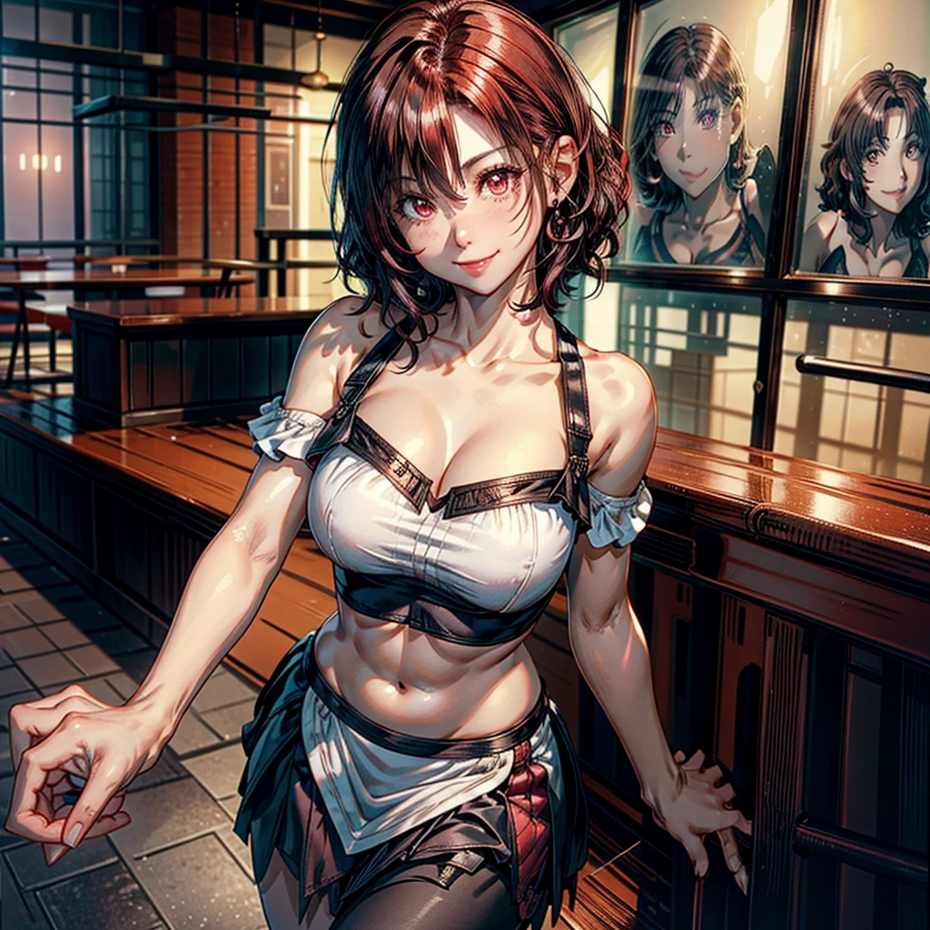 women, short hair color blanco y rizado, Red eyes, short black skirt, (Curly hair), (short hair), light pink off the shoulder blouse, mischievous smile, flirtatious smile, Broad smile, mischievous face, chest a little big, standing, with his back leaning on a table in a cafeteria.