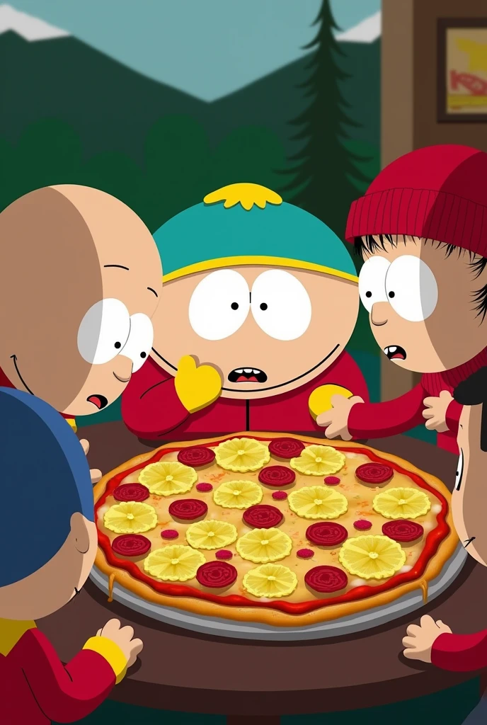 Generates several South Park characters eating pizza with pineapple 