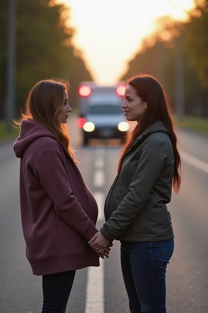 Give me a image of prgnant lady and her sister waiting on the road for ambulance