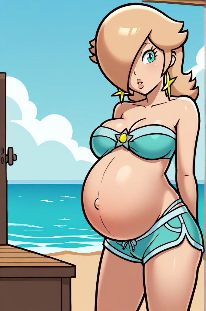 score_9, score_8_up, 1girl, solo, rosalina, style parody, thick outlines, bikini, shorts, pregnant belly, big belly, sleeveless, strapless, cleavage, indoors, beach, complete body, perfect
