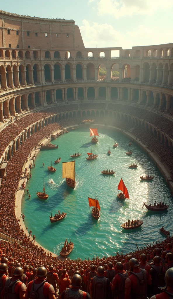 The Colosseum in ancient Rome, transformed into a massive, water-filled arena. Roman soldiers and sailors are engaged in a dramatic naval battle, with ships and combatants clashing amidst the artificial lake. The grand architecture of the Colosseum frames the scene, highlighting the scale and spectacle of the reenactments.