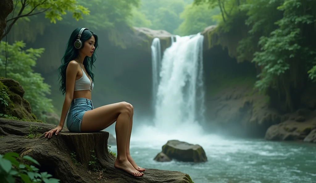 "Create a hyper-realistic image of a beautiful woman with dark green hair, sitting on a weathered tree stump near a waterfall in a lush forest. She is wearing denim shorts. The woman is smiling gently as she listens to music through a pair of headphones. The scene captures the texture of the denim, the rich tones of her hair, and the serene expression on her face. The background features a cascading waterfall with mist rising, surrounded by vibrant greenery, creating a peaceful and immersive atmosphere."