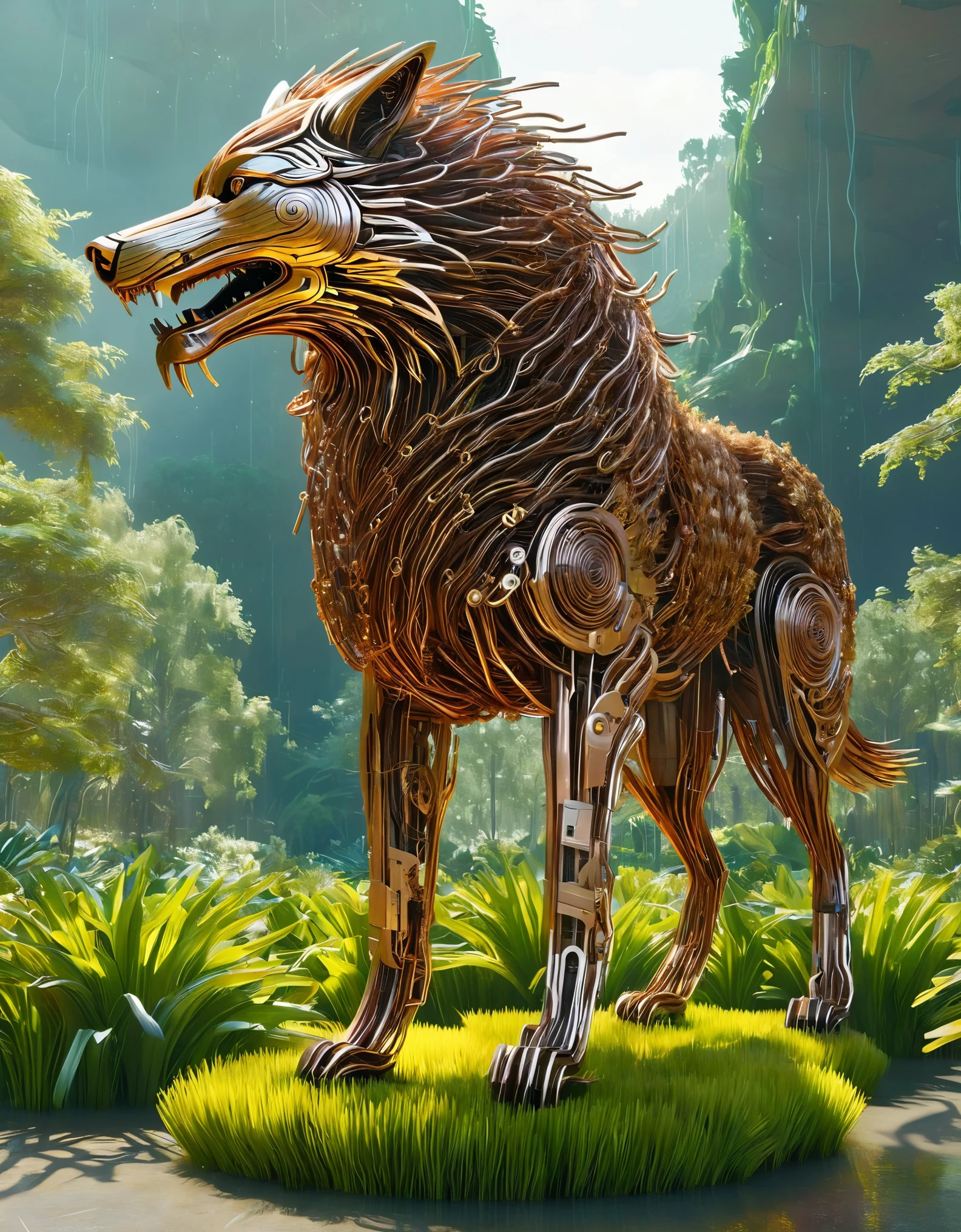 masterpiece, (botany setting:0.4), "A biomechanical wolf made it entirely from long chains of rusted steel, copper and gold mixed, simulating intricate hair, located as the main attraction in a Futuristic Botanical Park, state_of_the_art amazing_unreal_engine, futuristic setting, (a little touch of fantasy and mysticism:0.1)"