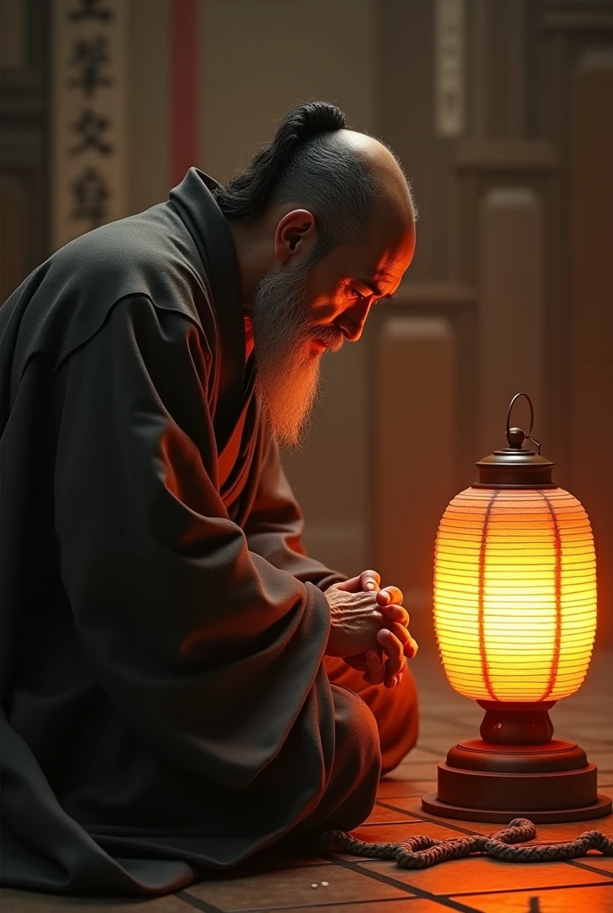 A man praying before a lantern, ancient Japanese monk, beautiful male grim reaper, Taoist priest, Japonisme 3D 8K hyper-detailed, inspired by Kaiunbou Anchi, imagery from Japanese horror films, work inspired by Kano Hogai, portrait of the grim reaper, Japanese deity