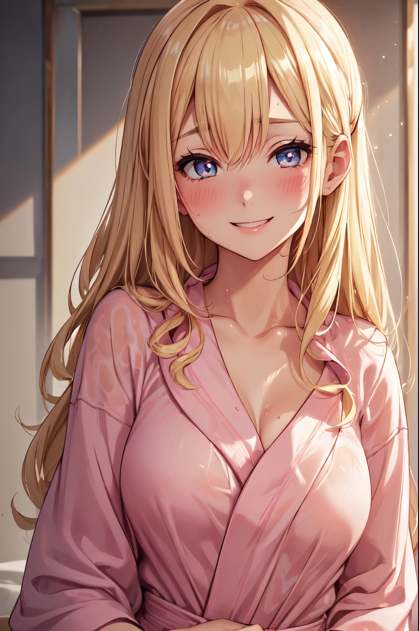 (High quality, High resolution, Fine details), pink bathrobe, solo, curvy adult women, blonde hair, Wet hair, sparkling eyes, (Detailed eyes:1.2), smile, blush, Sweat, Oily skin, soft lighting, warm colors, Soft tones, shallow depth of field