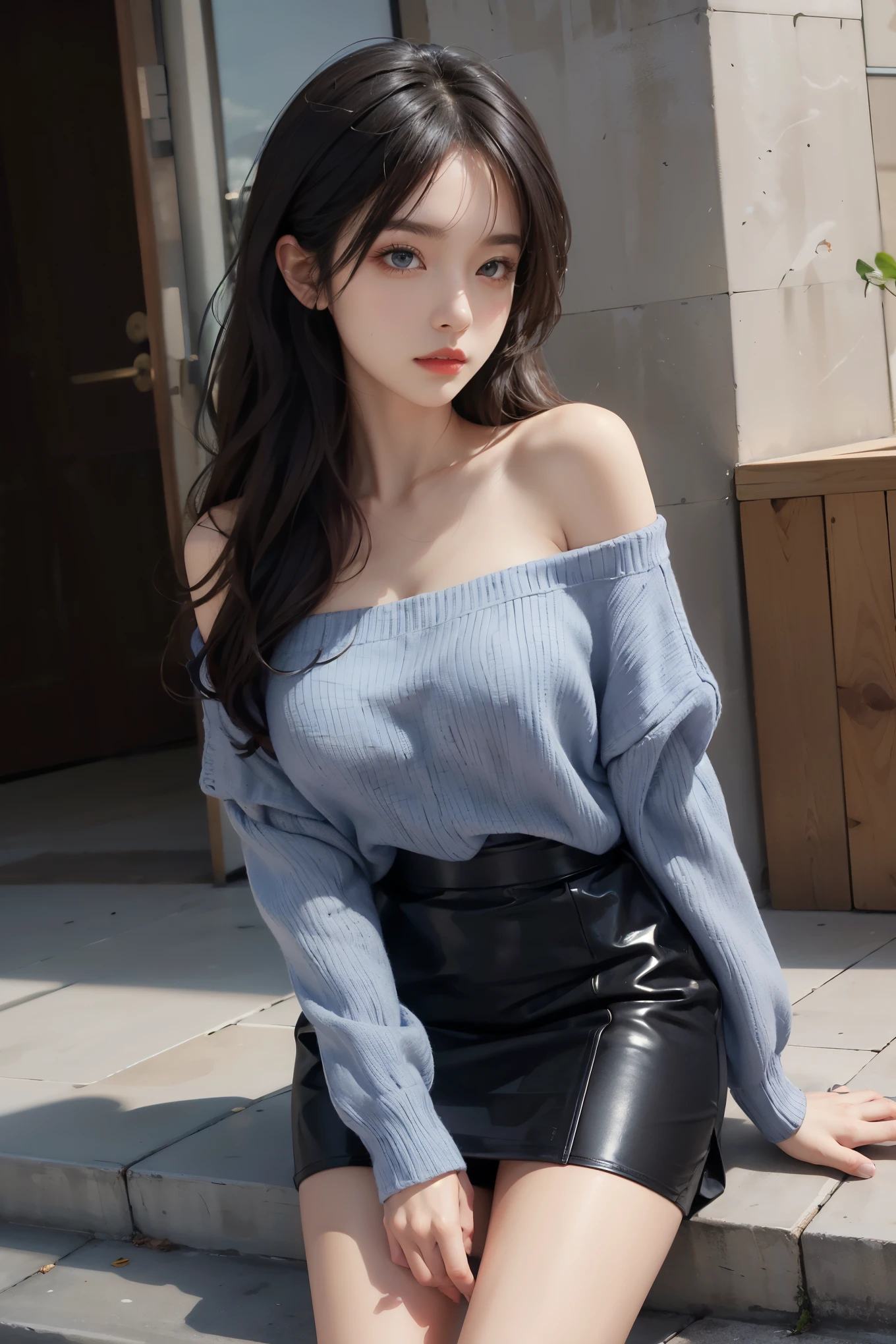 1girl, long black hair, blue eyes, wearing white off-shoulder sweater, satin black pencil skirt, perfectly structured, Digital illustration, style of anime, The content is very detailed, The image is clear and sharp, (Exquisite, sublimation:1.2), Indescribably beautiful, city, absurdres, high resolution, ultrasharp, 8K, masterpiece, looking at viewer