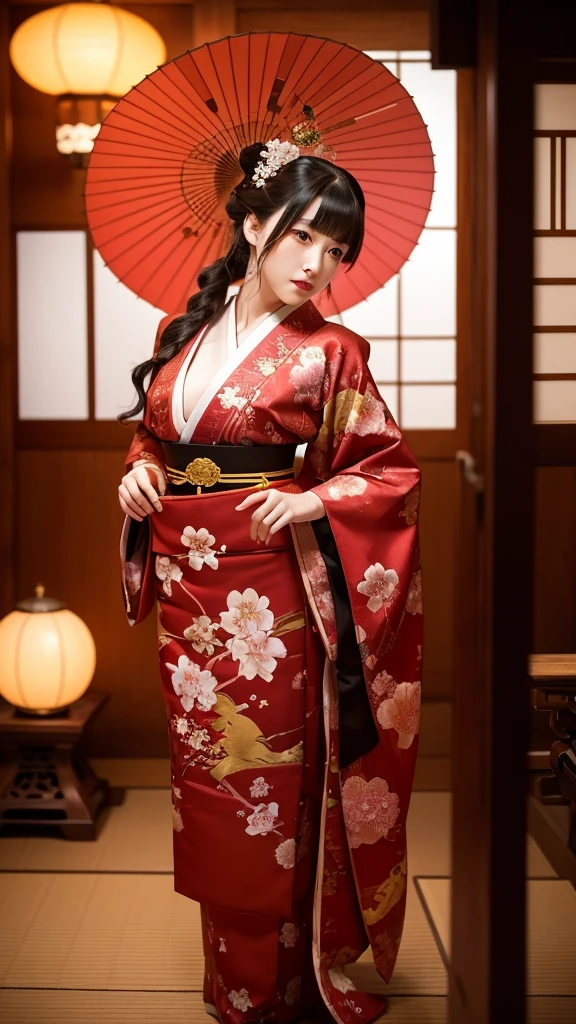 "Create a hyper-realistic and dramatic scene in 1080x1920 resolution featuring a traditional Japanese courtesan (Oiran) in a luxurious setting. The courtesan should be dressed in an elaborate kimono with intricate patterns, including red, gold, and black colors. She is posed gracefully, holding a red parasol, with a delicate and thoughtful expression on her face. Her hairstyle is ornate, adorned with traditional hairpins and flowers. The setting includes a richly decorated room with a soft, warm lighting that highlights the vibrant colors of her attire and the textures around her. Cherry blossom branches and a traditional red lantern add to the scene’s authentic and serene atmosphere. The overall mood should be elegant and mysterious, capturing the beauty and tradition of Japanese culture."