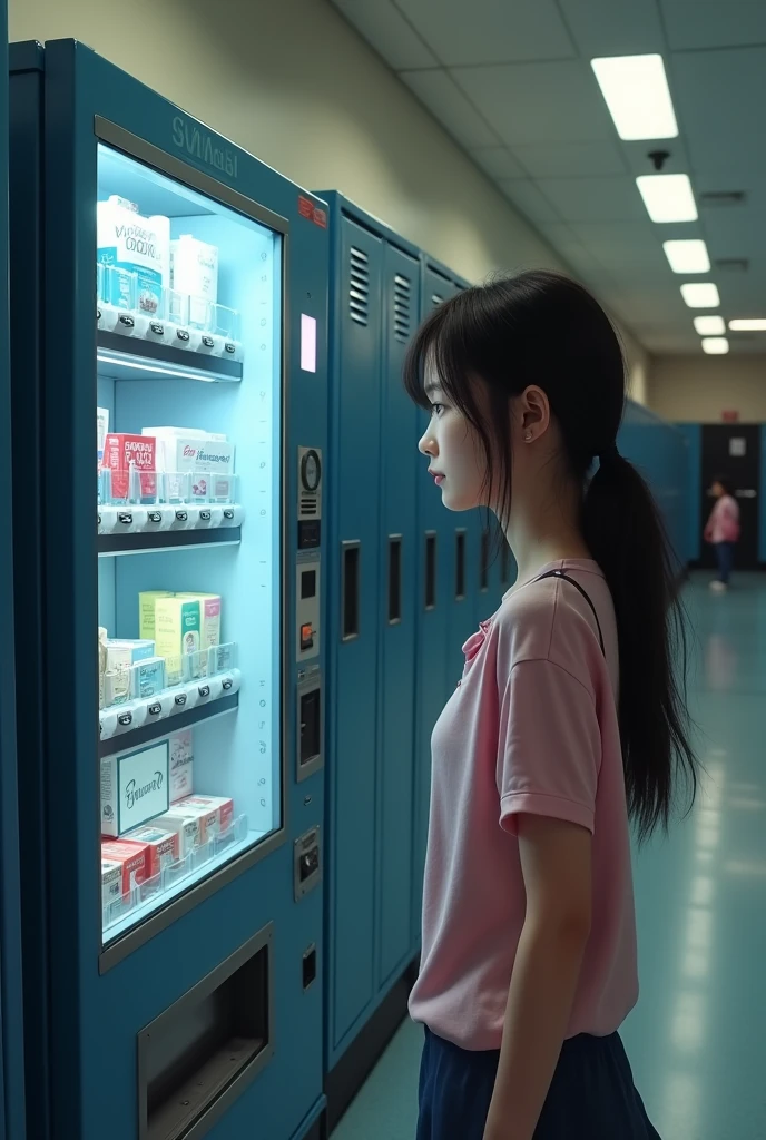 girl high schooler using vending machine in school for menstrual products