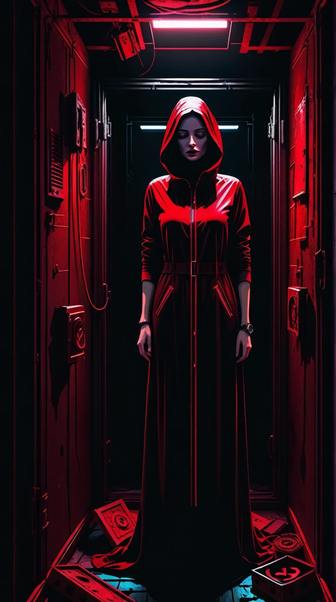 A woman, decaying in a dark, confined space, surrounded by symbols of neglect, dark theme manipulation, dark red, black, neon colors, dark lighting.